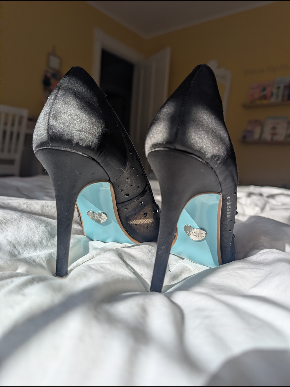 Betsy Johnson Black Satin Pointed-Toe High Heels with Aqua Sole